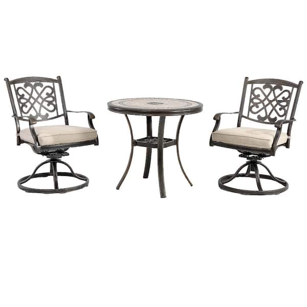 Clihome 3-Piece Cast Aluminum Outdoor Dining Set with Tile-Top Dining Table and Flower-Shaped Swivel Chairs with Beige Cushions