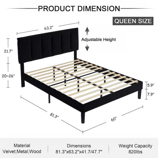 Upholstered Bed Frame Black Metal Frame Queen Platform Bed with Adjustable Headboard Wood Slat No Box Spring Needed