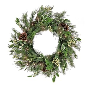 28 in. HGTV Home Collection Pre-Lit Holly and Berry Artificial Christmas Wreath