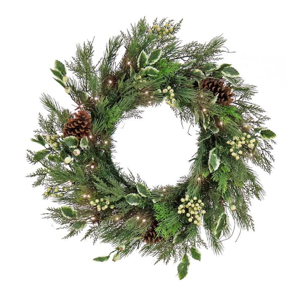 National Tree Company 28 in. HGTV Home Collection Pre-Lit Holly and Berry Artificial Christmas Wreath