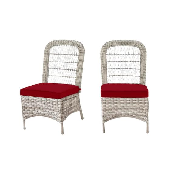 Hampton Bay Beacon Park Gray Wicker Outdoor Patio Armless Dining Chair with CushionGuard Chili Red Cushions (2-Pack)