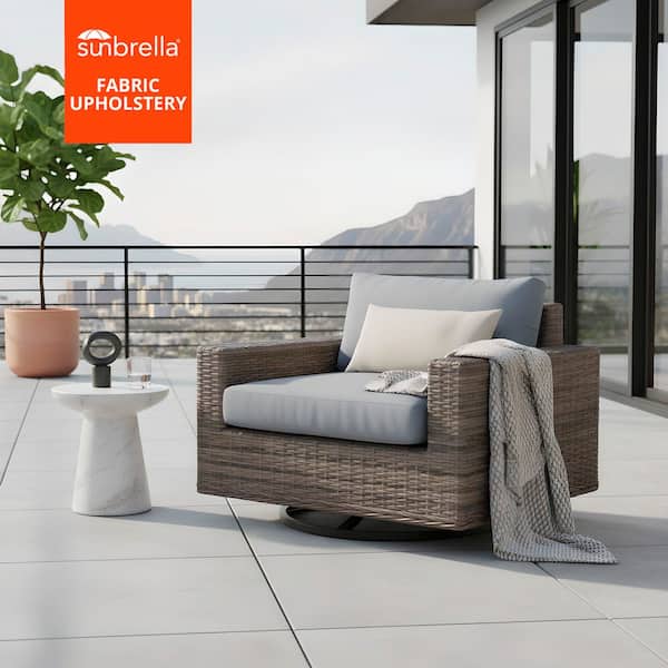 Larry Lava Gray Premier Rattan Wicker Swivel Outdoor Rocking Chair with Soft Light Blue Cushions