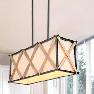 Nezin 3-Light Farmhouse Oil-Rubbed Bronze Island Chandelier with Fabric Shade and Wood Accent Classic Hanging Light
