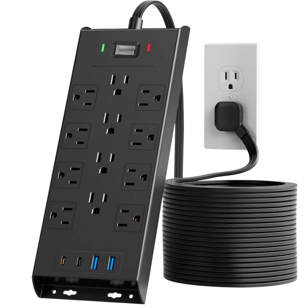 10 ft. Flat Plug Surge Protector Power Strip, Long Extension Cord with 12 O