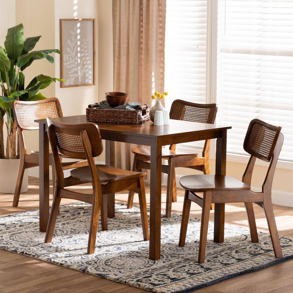 Walnut Brown and Light Brown Wood and Rattan 5-Piece Dining Set