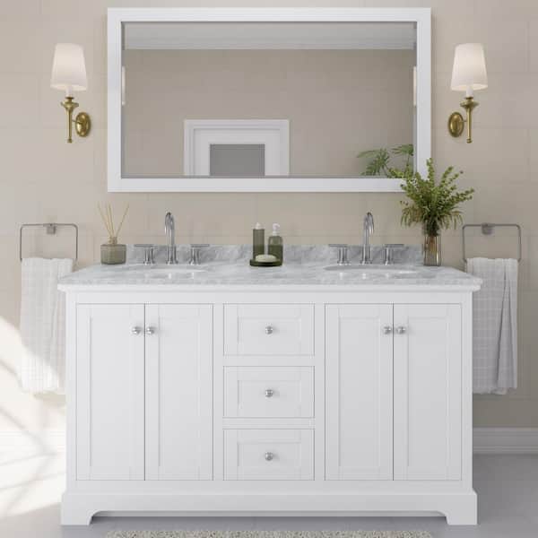Avery 60 in. W x 22 in. D Bathroom Vanity in White with Marble Vanity Top in White Carrara with White Basins