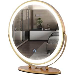 19 in. W x 19 in. H Round 3-Color-LED Touch Screen Dimmable Lighted Tabletop Bathroom Makeup Mirror in Gold Frame