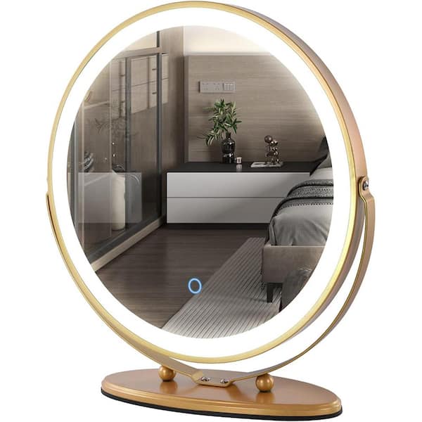 waterpar 19 in. W x 19 in. H Round 3-Color-LED Touch Screen Dimmable Lighted Tabletop Bathroom Makeup Mirror in Gold Frame