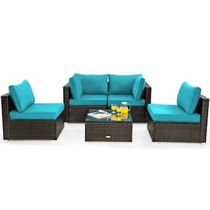 5-Piece Wicker Patio Conversation Set Rattan Furniture Set with Turquoise Cushions and Glass Table