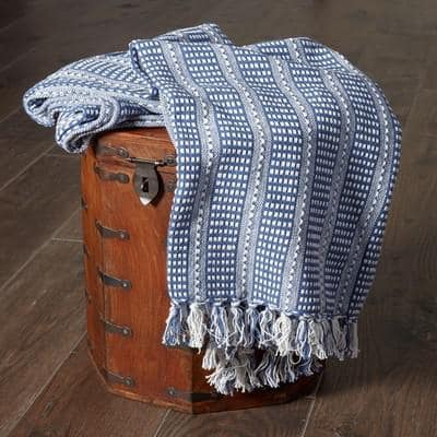 Chic Navy and White Striped Fringed Organic Cotton Throw, 50" x 60"