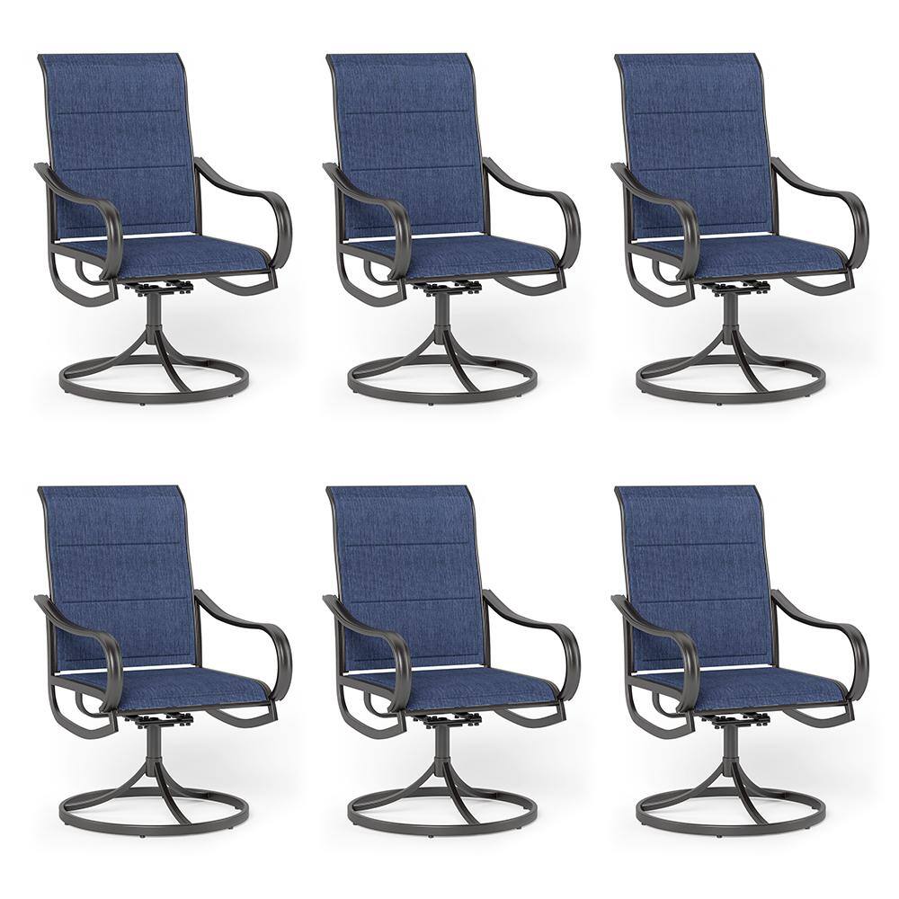 PHI VILLA Black Swivel Padded Blue Textilene Metal Outdoor Dining Chair