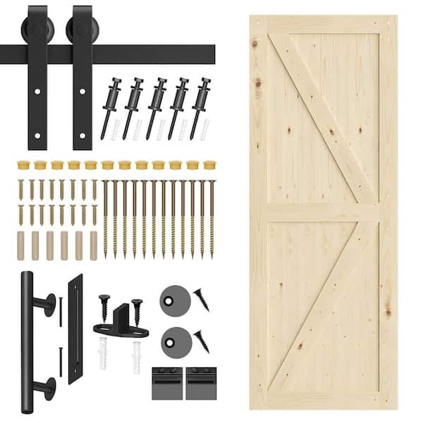 32 in. x 84 in. Sliding Barn Door with 5.3 ft. Hardware Kit, Solid Pine Wood Interior Unfinished Door Assembly Required