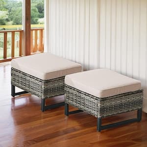 Valenta Gray Wicker Outdoor Ottoman with Beige Cushions (Set Of 2)