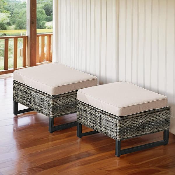 Gymojoy Valenta Gray Wicker Outdoor Ottoman with Beige Cushions (Set Of 2)