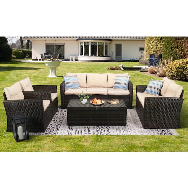 5-Piece Wicker Patio Conversation Furniture Set with Beige Cushions