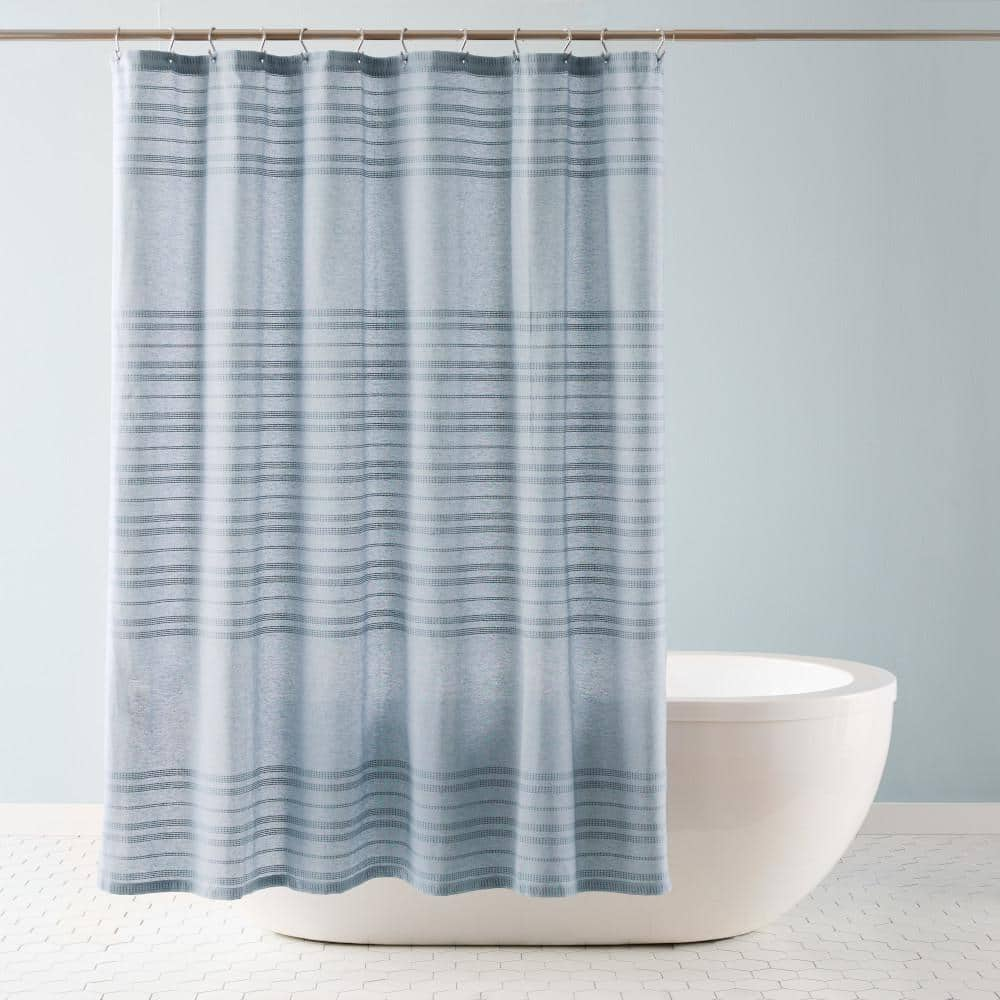 TOWN & COUNTRY LIVING Sophia Textured Cotton Stripe 70 in. x 72 in. Shower Curtain in Blue