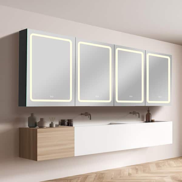 Zeafive 80 in. W x 30 in. H Large Rectangular Black Aluminum Surface Mount Defogging LED Bathroom Medicine Cabinet with Mirror