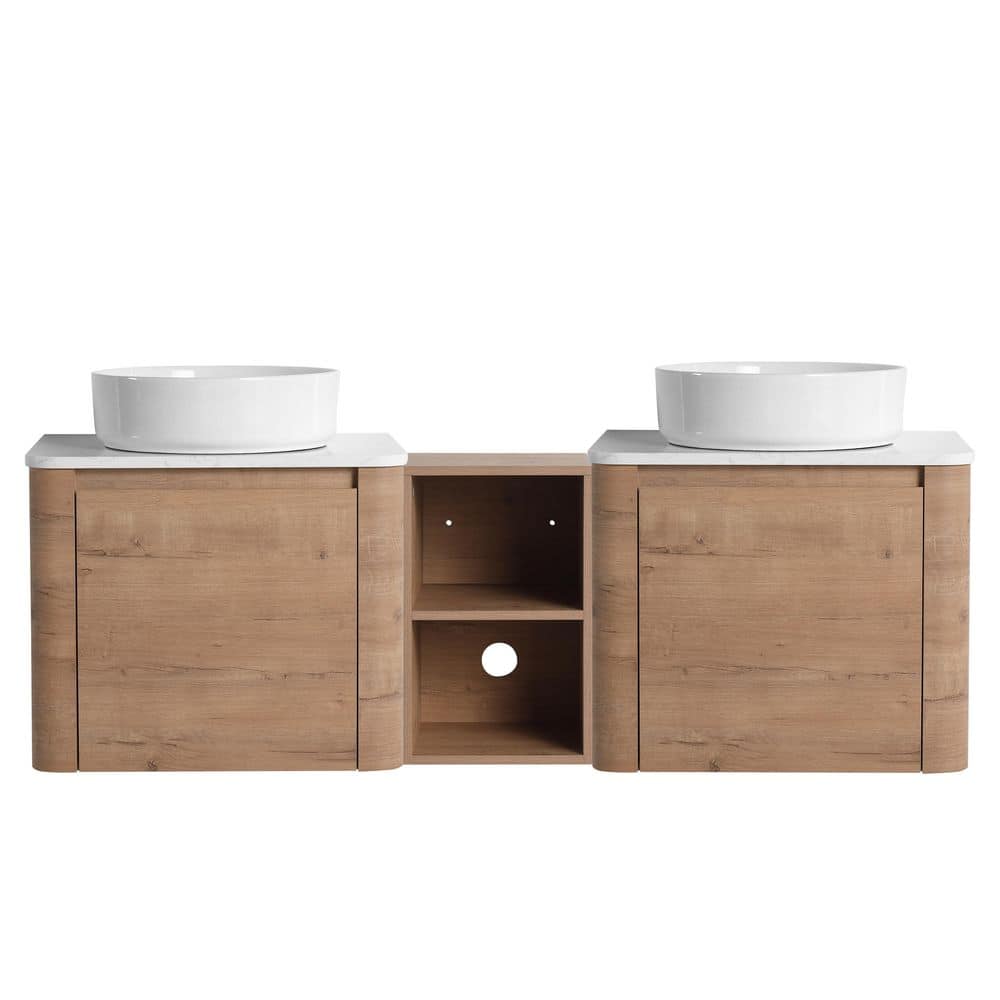 60 in. Wall-Mounted Imitative Oak Bath Vanity with White Engineered Stone Top and 1-Storage Shelves Unassembled price history on PriceWatchPro