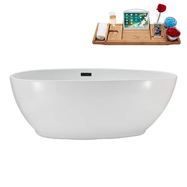 67 in. x 34 in. Acrylic Freestanding Soaking Bathtub in Glossy White With Matte Black Drain