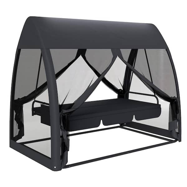 Outsunny 3-Seat Patio Swing Chair, Porch Swing Bed with Convertible Backrest, Cushion, Canopy