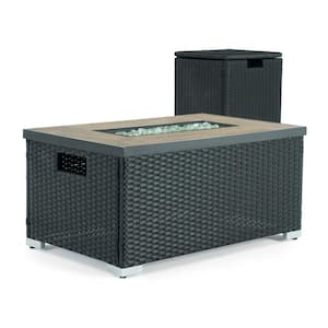 Cheyenne 32 in. x 16 in. Rectangular Wicker Propane Fire Pit Table in Black with Propane Storage and Protective Cover