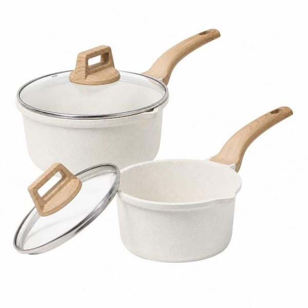 2-Pack White Granite 1.5 qt. and 3 qt. Sauce Pan Sets with Lid Pour Spout, Induction Comptable, Easy to Clean, PFOA FREE