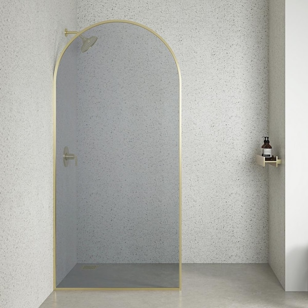 OVE Decors Della 36 in. W x 75.98 in. H Walk in. Framed Arched Shower Door in Brushed Gold with Tinted Glass