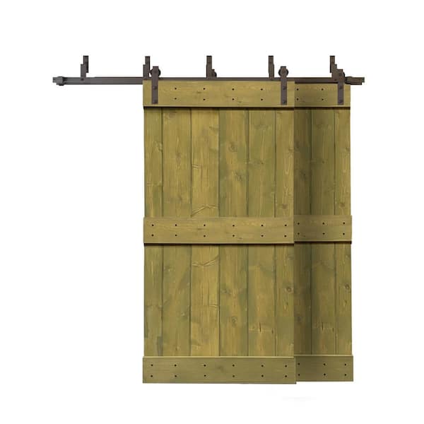 CALHOME 48 in. x 84 in. Mid-Bar Bypass Jungle Green Stained Solid Pine Wood Interior Double Sliding Barn Door with Hardware Kit