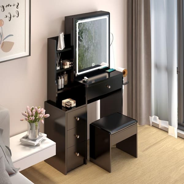 CSC DECOR INC Black 4-Drawer 29.2 in. Wide Dresser with Mirror, Small Space Dresser Desktop Vanity Table Plus Cushioned Stool