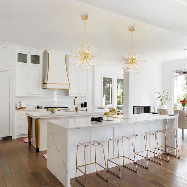 Yursa 6-Light Mid-Century Modern Gold Linear Sputnik Textured Clear Glass Globe Bubble Chandelier for Dining Room