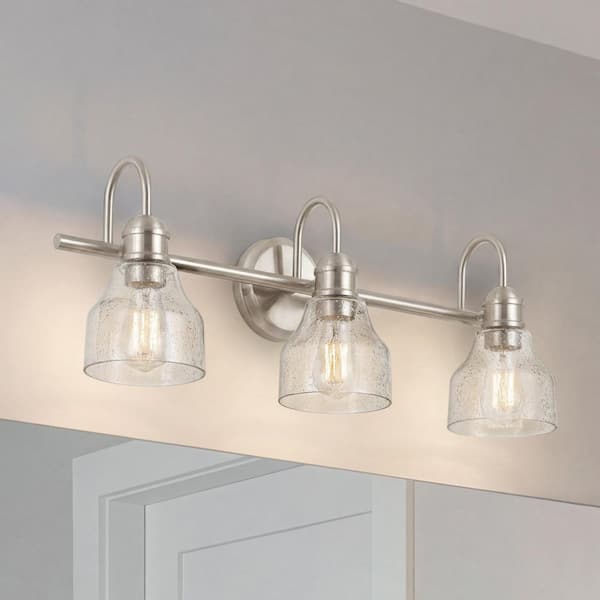 Avery 24 in. 3-Light Brushed Nickel Vintage Bathroom Vanity Light with Clear Seeded Glass