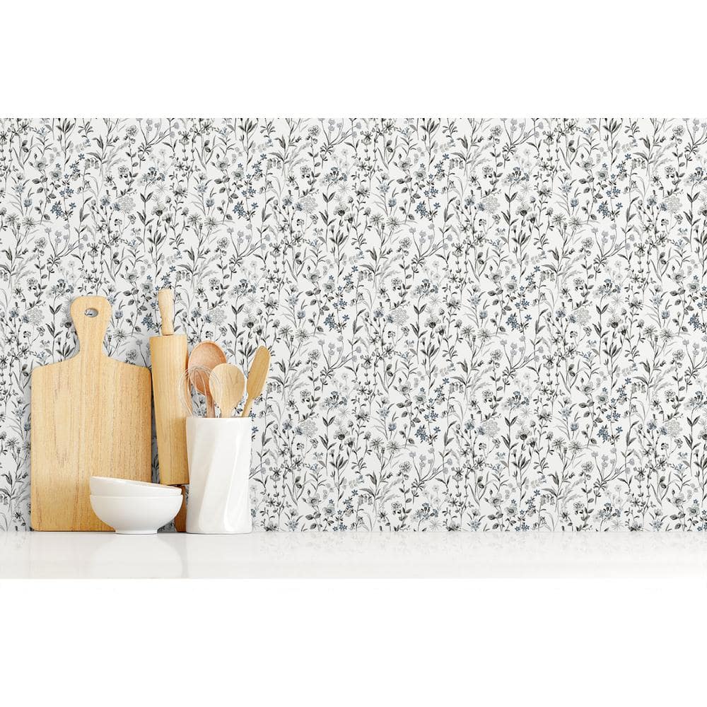 Charcoal and Bluestone Floral Peel and Stick Wallpaper