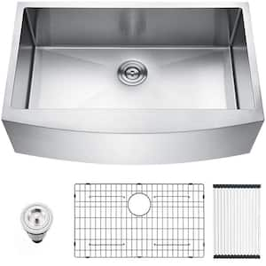 Brushed Nickel Stainless Steel 33 in. Single Bowl Farmhouse Apron Kitchen Sink with Bottom Grid