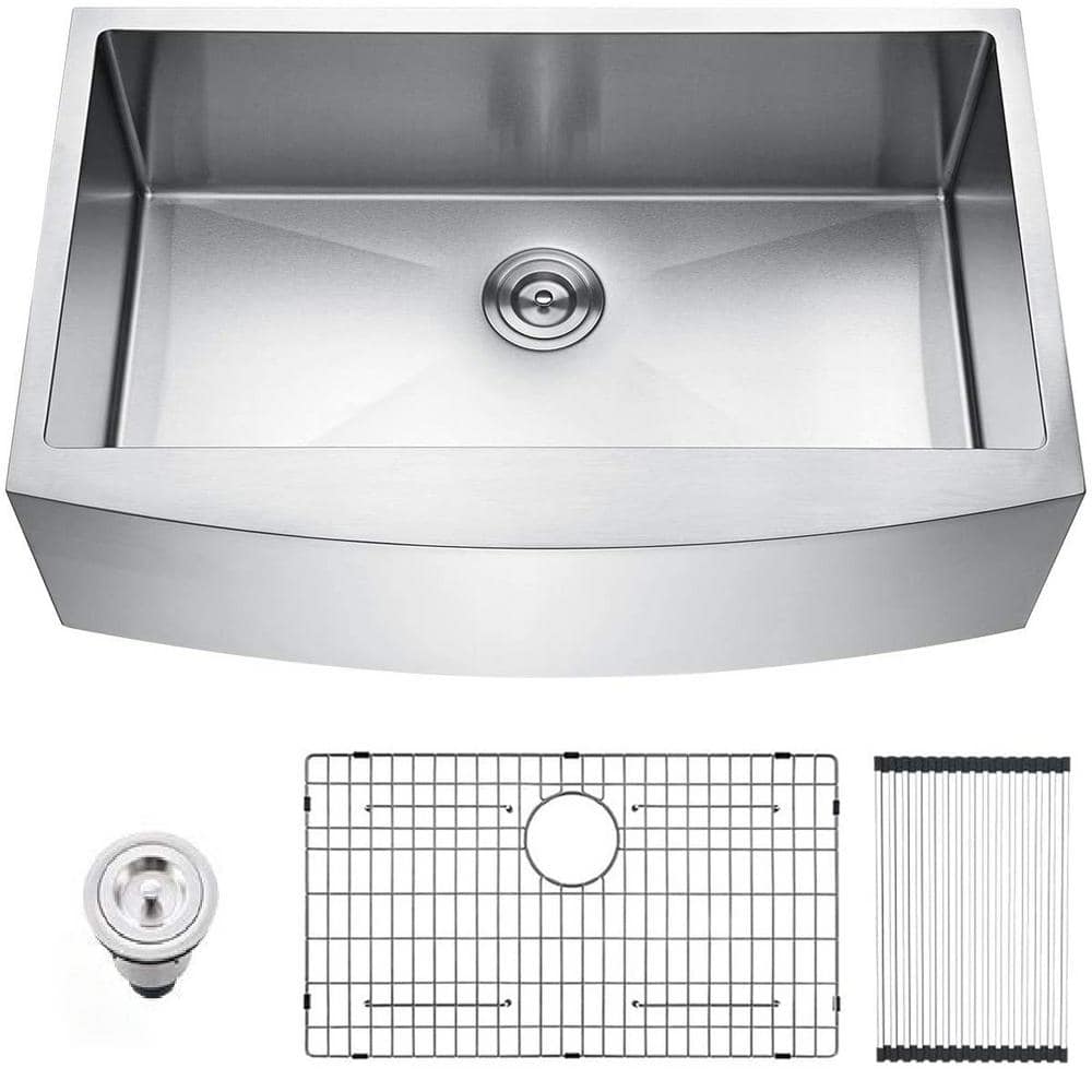 Brushed Nickel 16 Gauge 33 in. Single Bowl Stainless Steel Farmhouse Apron Kitchen Sink with Grid and Basket Strainer -  JimsMaison, JMWAKS07-3322