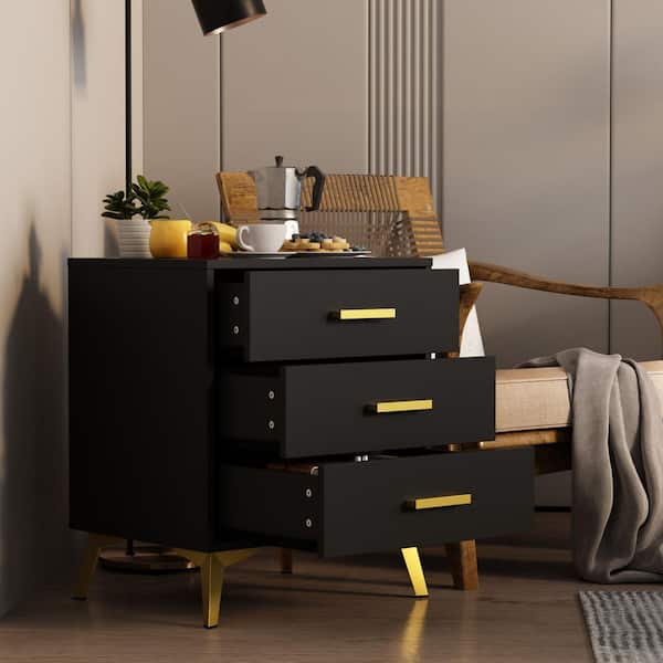 FUFU&GAGA Single Black Wooden Nightstand, Side Table with 3 Drawers, 19.7 in. W x 15.7 in. D x 23.8 in. H