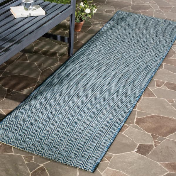 Courtyard Navy/Gray 2 ft. x 18 ft. Solid Color Chevron Indoor/Outdoor Runner Rug