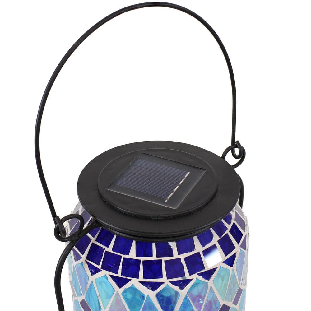 Cool Blue Mosaic Glass Solar LED Outdoor Lantern with Metal Frame