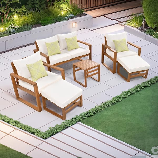FASHION FINESSE LLC Brown 6-Piece Solid Wood Patio Conversation Set Group with Beige Cushions and Ottomans