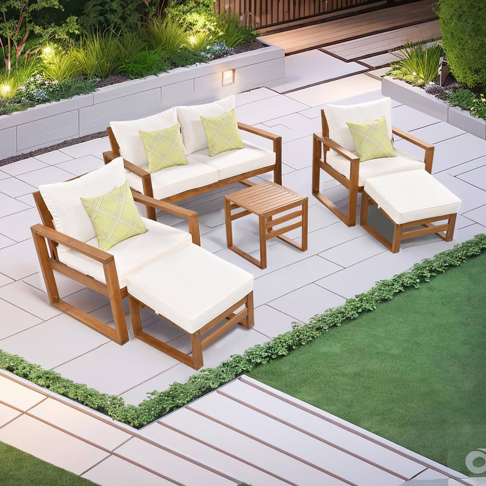 Brown 6-Piece Solid Wood Patio Conversation Set Group with Beige Cushions a
