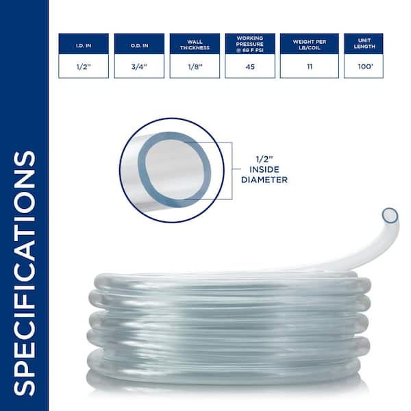 1/2 in. I.D. x 3/4 in. O.D. x 100 ft. Multi-Use Clear Flexible Vinyl Tubing for Fountains, Aquariums, AC and More