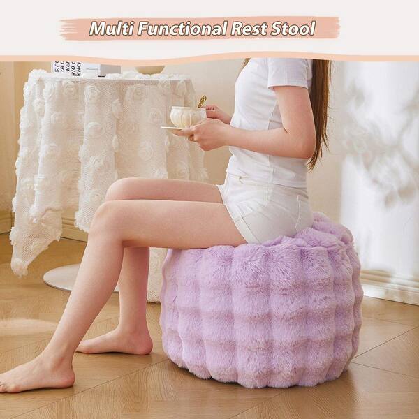 Faux Rabbit Fur Lavender Waffle Bubble Upholstered Round Pouf Anti