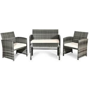 4-Piece Wicker Patio Conversation Set with 3 White Cushions