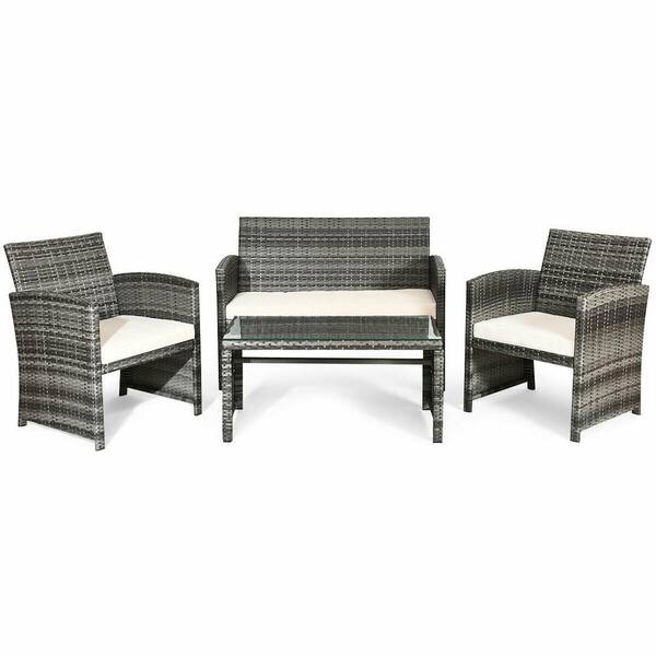 Wellfor 4-piece Wicker Patio Conversation Set With Beige Cushions Hw 