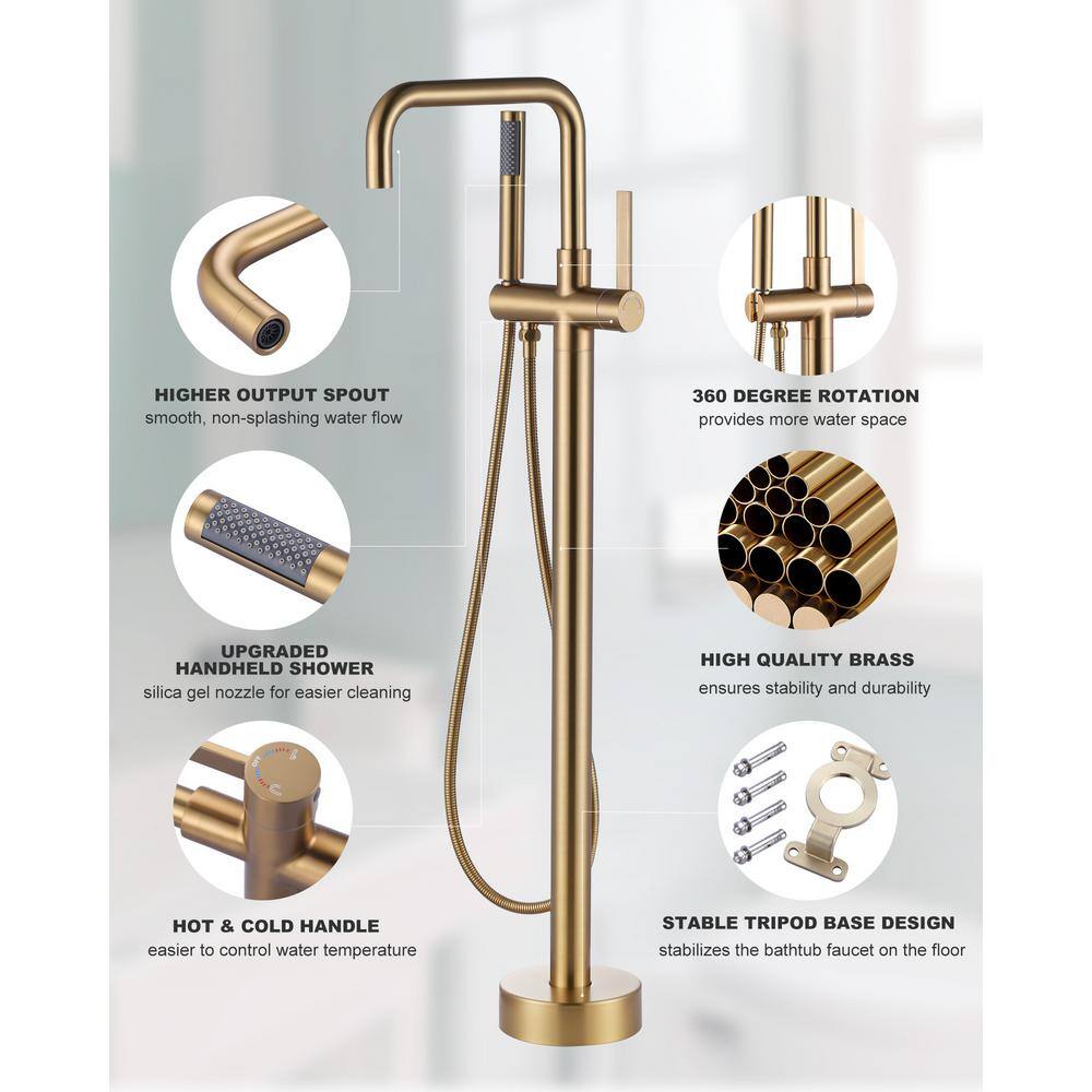 Gold Freestanding Tub Faucet with Hand Shower and Lever Handle