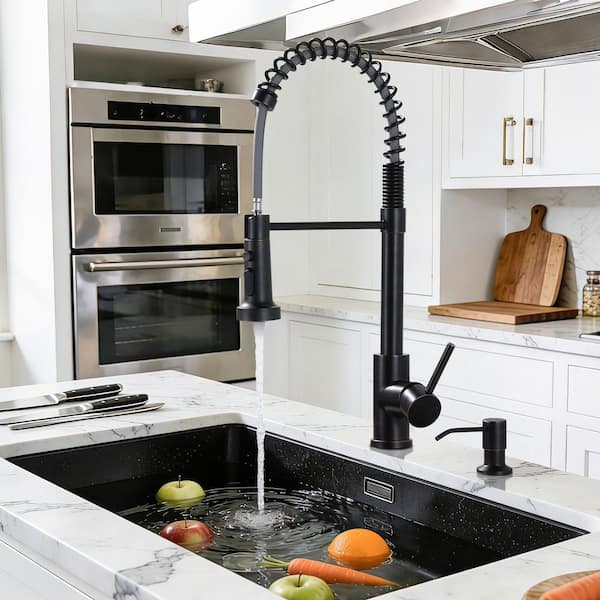 Single Handle Pull Down Sprayer Kitchen Faucet with Soap Dispenser High-Arc Sink Faucet in Oil Rubbed Bronze