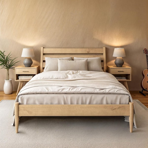 Camaflexi Mid-Century Modern Light Oak Beige Frame Queen Size Platform Bed