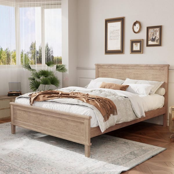 Robin Mid-Century Brown Wood Frame King Size Platform Bed with Headboard, Wood Slat Support