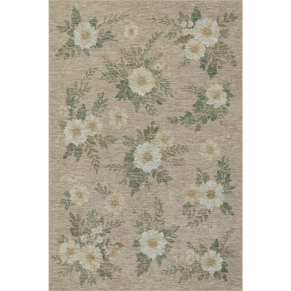 Janesey Floral Farmhouse Washable Beige 6 ft. x 9 ft. Indoor Area Rug