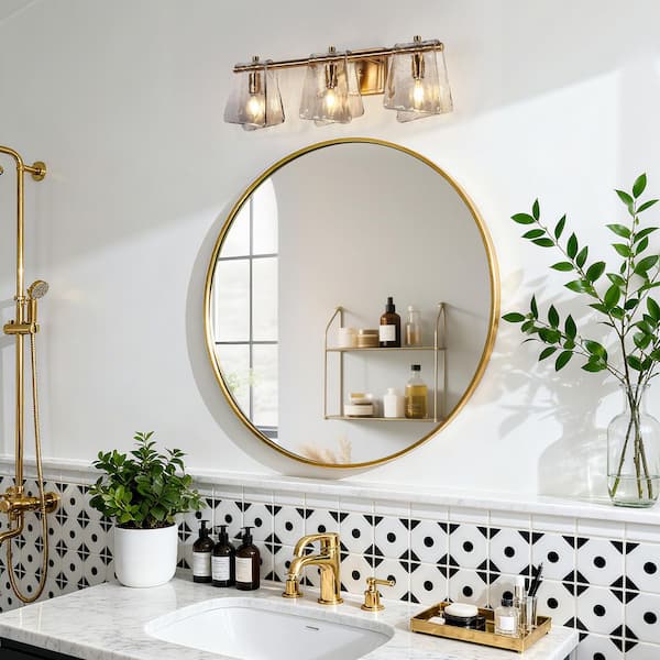Afmean Glam 23.6 in. 3-Light Plated Brass Geometric Gray Glass Bathroom Vanity Light, Modern Powder Room Wall Sconce