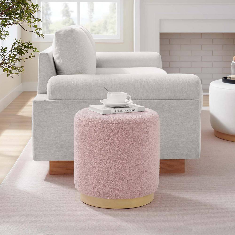 Blossom Pink Sherpa Upholstered Round Ottoman with Rubberwood Base